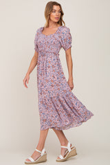 Mauve Floral Smocked Sweetheart Neck Midi Dress