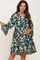 Forest Green Floral Button Bell Sleeve Maternity Dress