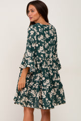 Forest Green Floral Button Bell Sleeve Maternity Dress