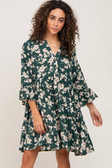 Forest Green Floral Button Bell Sleeve Dress