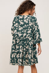 Forest Green Floral Button Bell Sleeve Dress