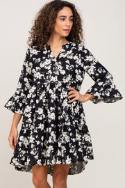 Black Floral Button Front Bell Sleeve Dress