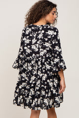 Black Floral Button Front Bell Sleeve Dress