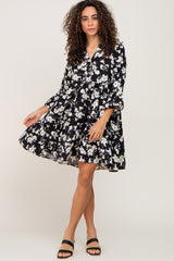 Black Floral Button Front Bell Sleeve Dress