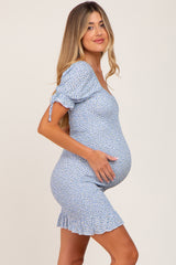 Light Blue Floral Smocked Short Puff Sleeve Maternity Mini Dress