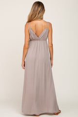 Taupe Jacquard Double Strap Maternity Maxi Dress