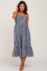 Navy Blue Gingham Square Neck Tie Strap Maternity Midi Dress