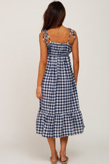 Navy Blue Gingham Square Neck Tie Strap Midi Dress