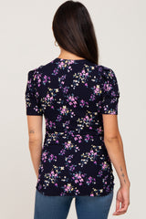 Navy Floral Ribbed Fitted Top