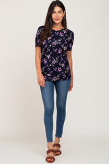 Navy Floral Ribbed Fitted Top