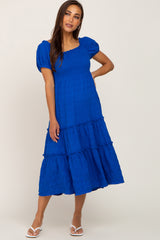 Royal Blue Smocked Textured Maternity Midi Dress