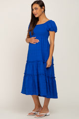 Royal Blue Smocked Textured Maternity Midi Dress