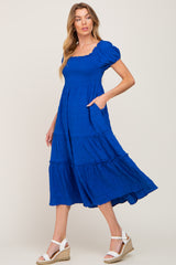 Royal Blue Smocked Textured Midi Dress