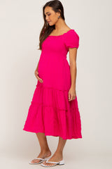 Fuchsia Smocked Textured Maternity Midi Dress