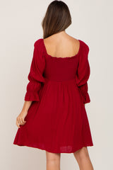 Burgundy Smocked 3/4 Sleeve Maternity Dress