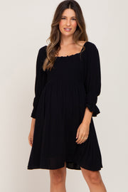 Black Smocked 3/4 Sleeve Maternity Dress