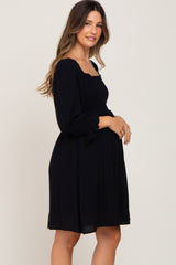 Black Smocked 3/4 Sleeve Maternity Dress