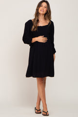 Black Smocked 3/4 Sleeve Maternity Dress