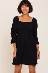 Black Smocked 3/4 Sleeve Maternity Dress