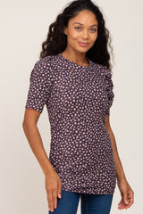 Plum Floral Ribbed Fitted Top