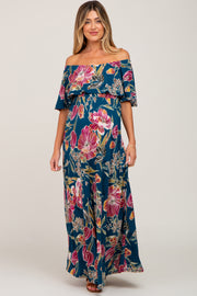 Teal Floral Flounce Off Shoulder Maternity Maxi Dress