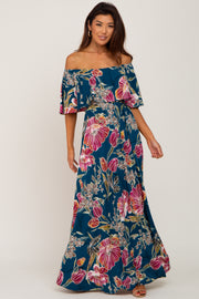 Teal Floral Flounce Off Shoulder Maxi Dress