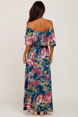 Teal Floral Flounce Off Shoulder Maxi Dress