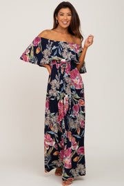 Navy Floral Flounce Off Shoulder Maxi Dress