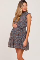 Navy Printed Ruffle Chiffon Maternity Dress