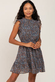 Navy Printed Ruffle Chiffon Dress