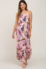 Pink Floral Side Slit Maternity Maxi Dress