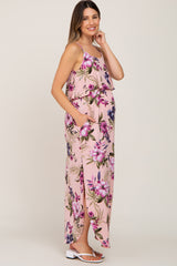 Pink Floral Side Slit Maternity Maxi Dress