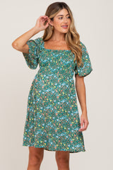 Green Floral Smocked Square Neck Maternity Dress