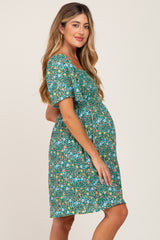 Green Floral Smocked Square Neck Maternity Dress