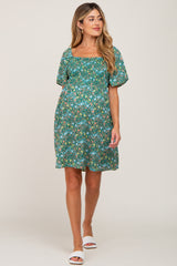 Green Floral Smocked Square Neck Maternity Dress