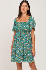 Green Floral Smocked Square Neck Dress