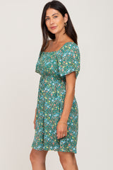 Green Floral Smocked Square Neck Dress