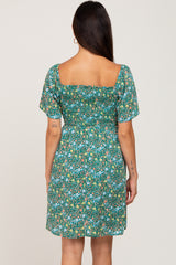 Green Floral Smocked Square Neck Dress