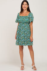 Green Floral Smocked Square Neck Dress