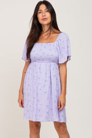 Lavender Floral Smocked Square Neck Dress