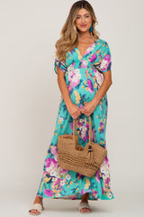 Aqua Floral Deep V-Neck Maternity Maxi Dress