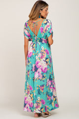 Aqua Floral Deep V-Neck Maternity Maxi Dress