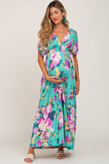 Aqua Floral Deep V-Neck Maternity Maxi Dress