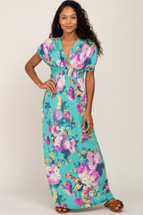 Aqua Floral Deep V-Neck Maternity Maxi Dress