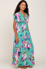 Aqua Floral Deep V-Neck Maxi Dress