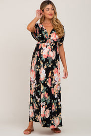 Black Floral Deep V-Neck Maternity Maxi Dress