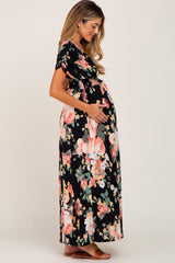 Black Floral Deep V-Neck Maternity Maxi Dress