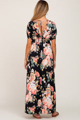 Black Floral Deep V-Neck Maternity Maxi Dress