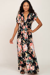 Black Floral Deep V-Neck Maternity Maxi Dress