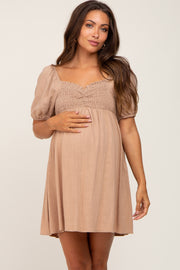 Taupe Smocked Puff Sleeve Maternity Mini Dress